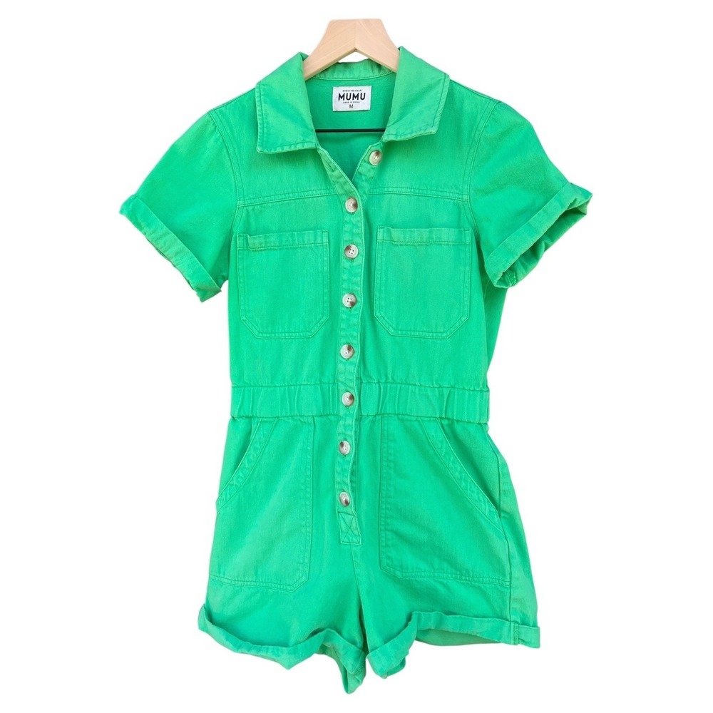Show Me Your Mumu Cannon Romper Medium Green Denim Utility Shortall - Picture 2 of 9
